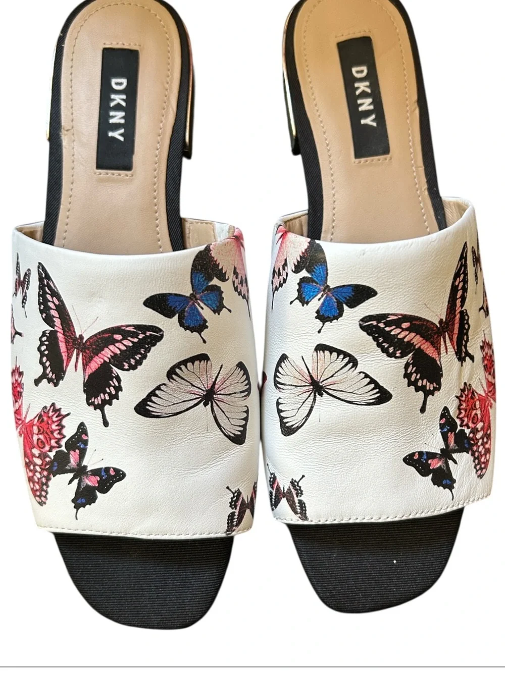 Women’s DKNY Leather Vibrant Multicolor Butterfly Print Slip On Mules Size 7.5